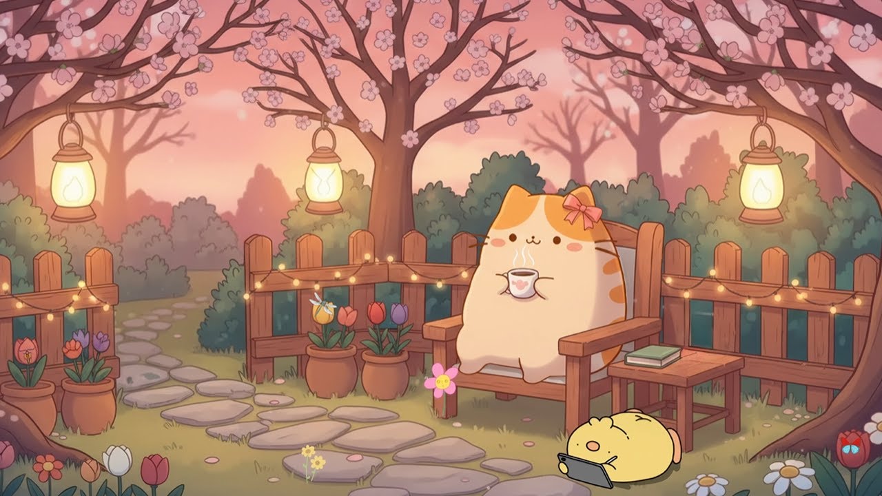 Spring Lofi with Pusheen 🌸 Cozy Tea Time Under Cherry Blossoms Relax Chill Beats