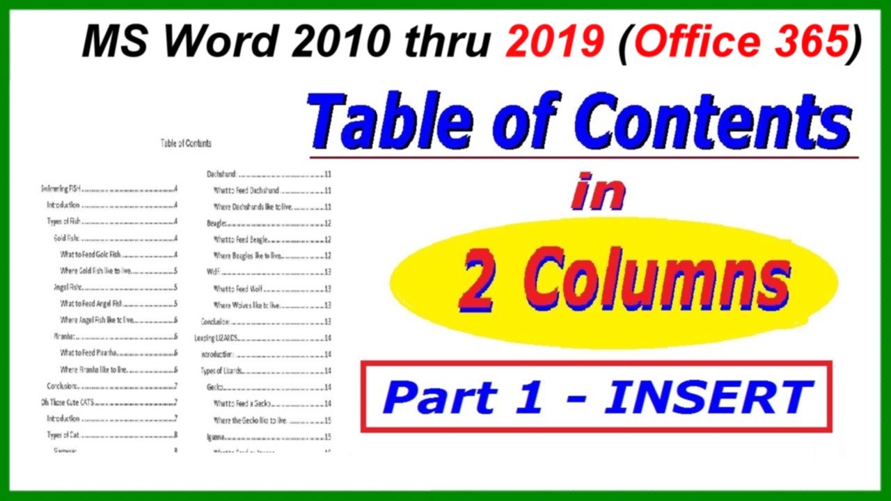 word 2016 table of contents in 2 columns