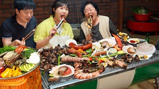เนื้อย่างถ่านและซีฟู้ด ปาร์ตี้ในวันฝนตก🥩🦐Scallop, Korean BBQ Mukbang