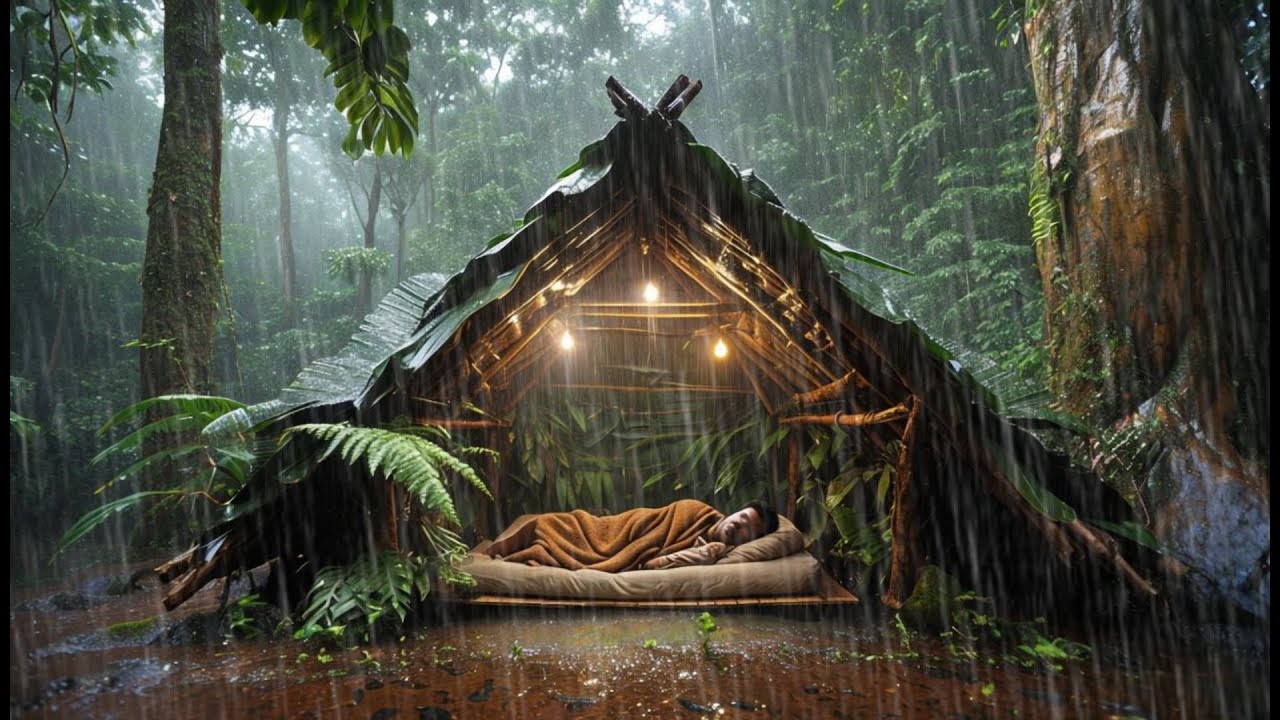 Camping during a heavy thunderstorm // Struggling to build a shelter ...