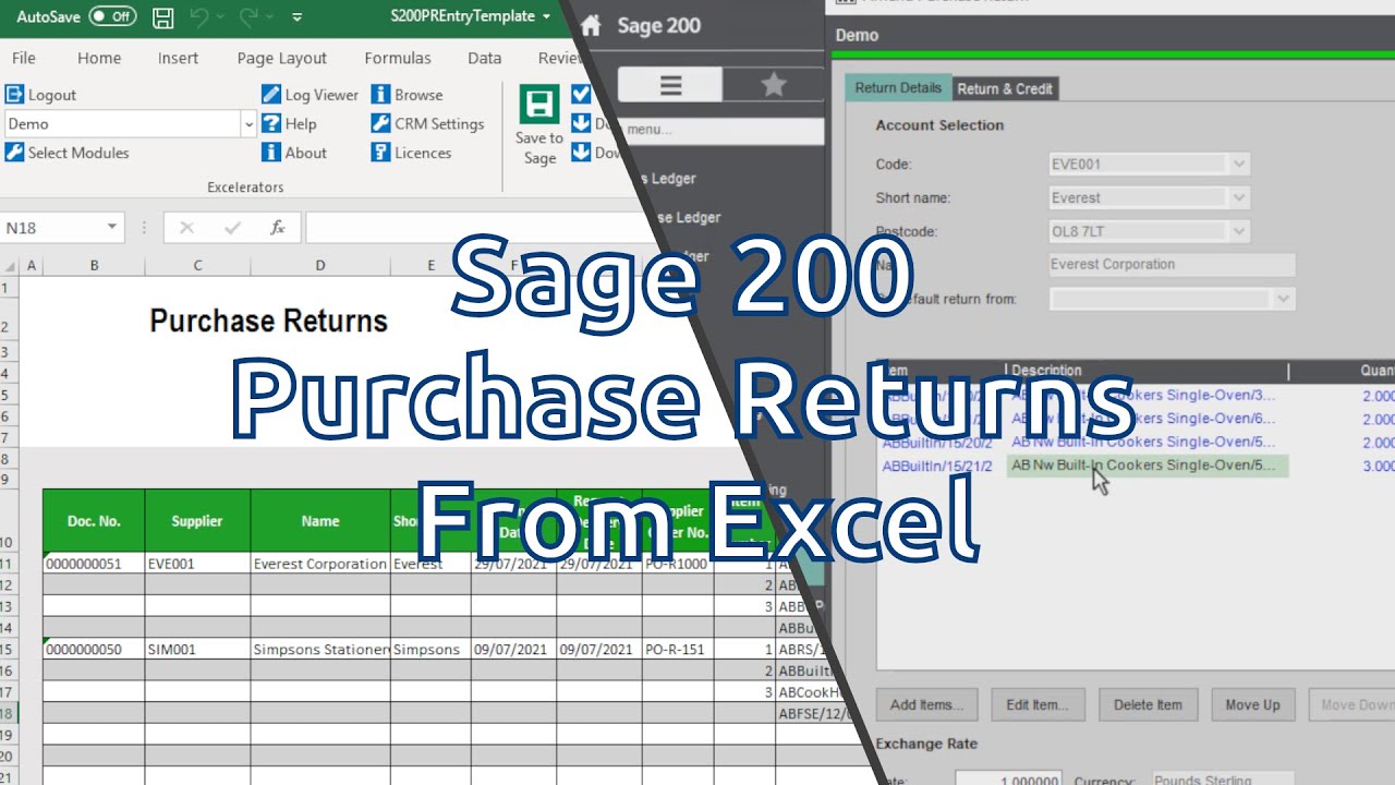How to create and amend Purchase Returns in Sage 200 from Excel YouTube