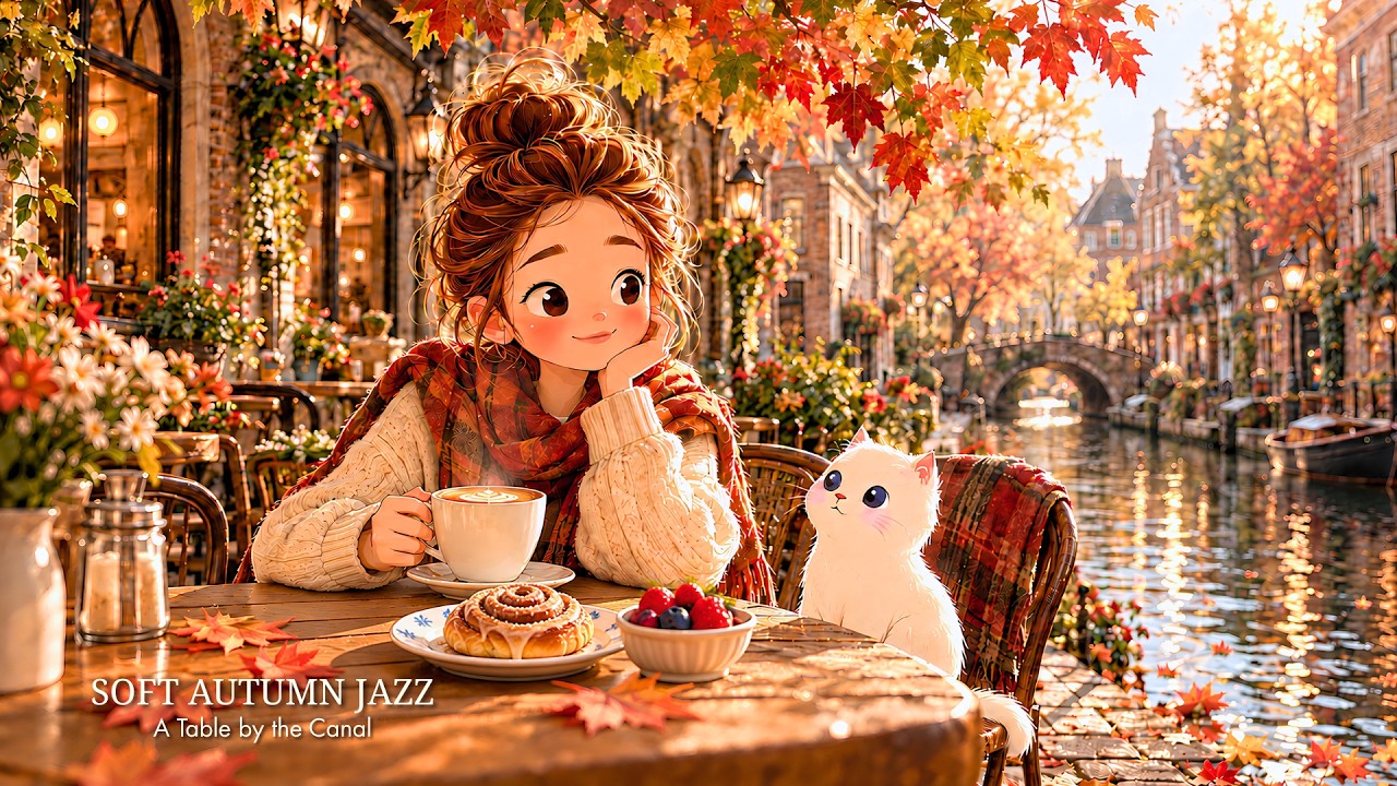 Soft Jazz ☕ Cozy Autumn Cafe Morning Playlist 🍂 | Cinnamon Rolls & Latte | Red Leaves Over the Water