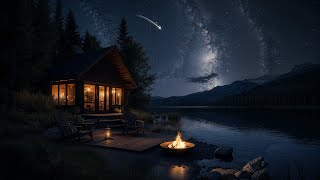 Lakeside Nighttime Moments: Crackling Fire by the Lake with Soothing Water, Crickets Sounds