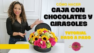 Como hacer CAJA CON CHOCOLATES Y GIRASOLESTutorial  Paso a Paso  Arreglo Floral para cumpleaños