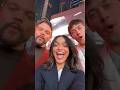 Tom Blyth, Rachel Zegler and Josh Andres Rivera in Times Square for The Hunger Games