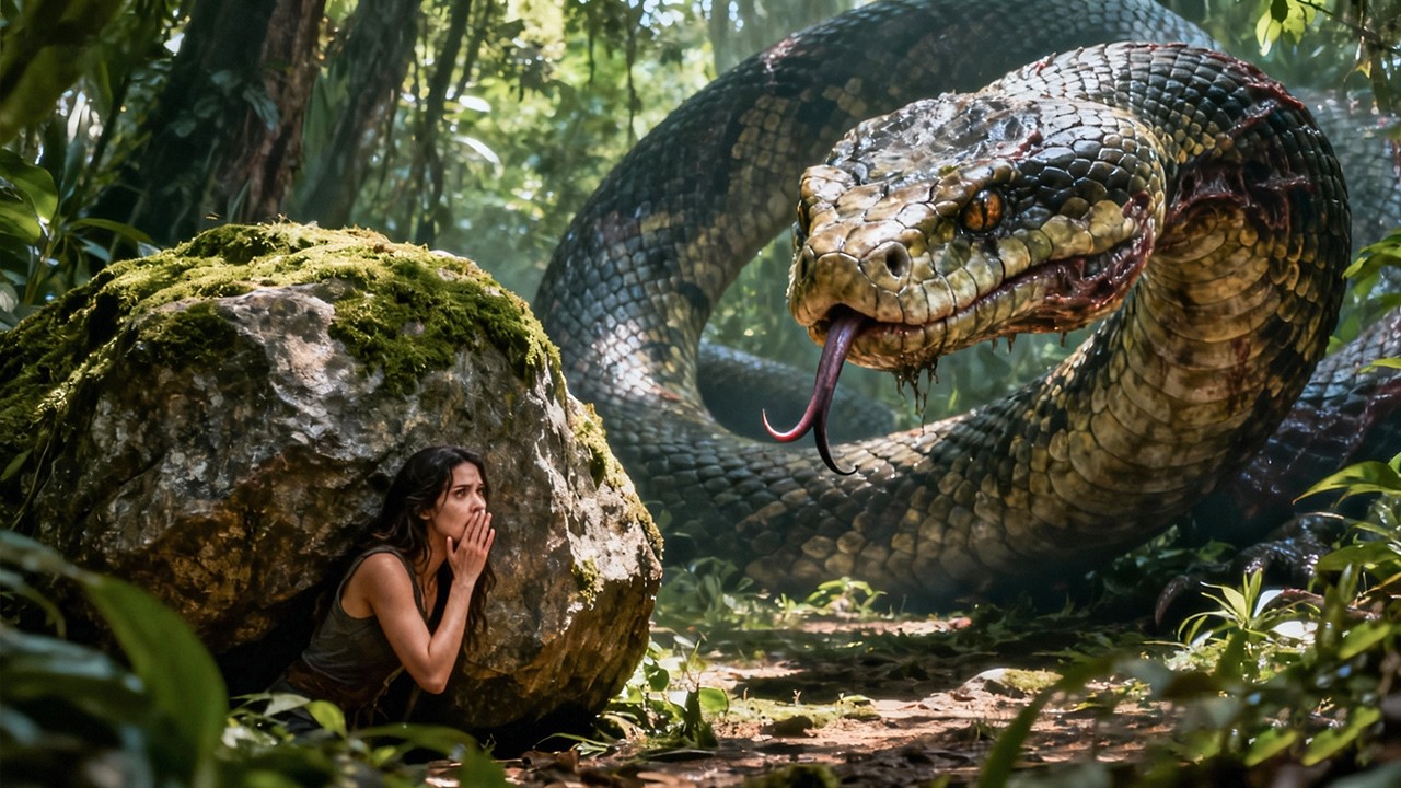 【石后蛇影】美女巨石后藏身，巨蛇悄然盘踞身后，瞬息坠入深渊！#大蛇snake #惊悚 #怪兽 #灾难 #电影 #movie #电影派对 #snake