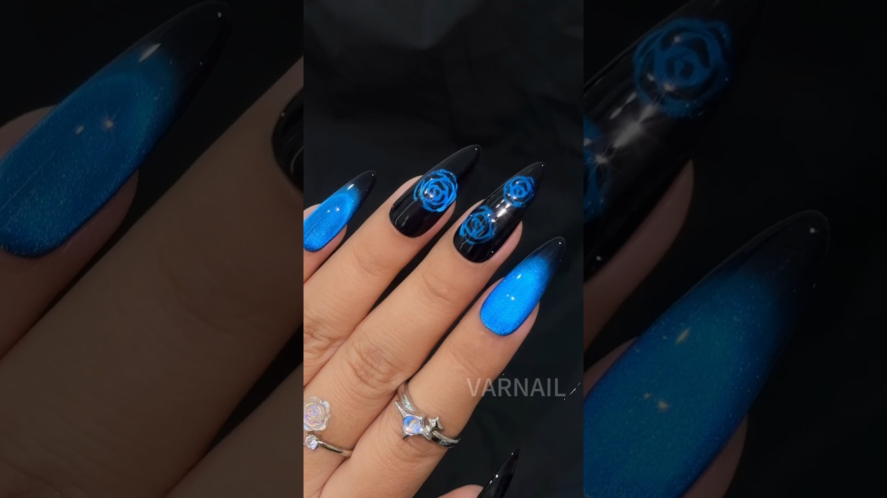 💙🌹Yes or No? Romantic Sparkling Blue Rose Cat Eye Nail! 
