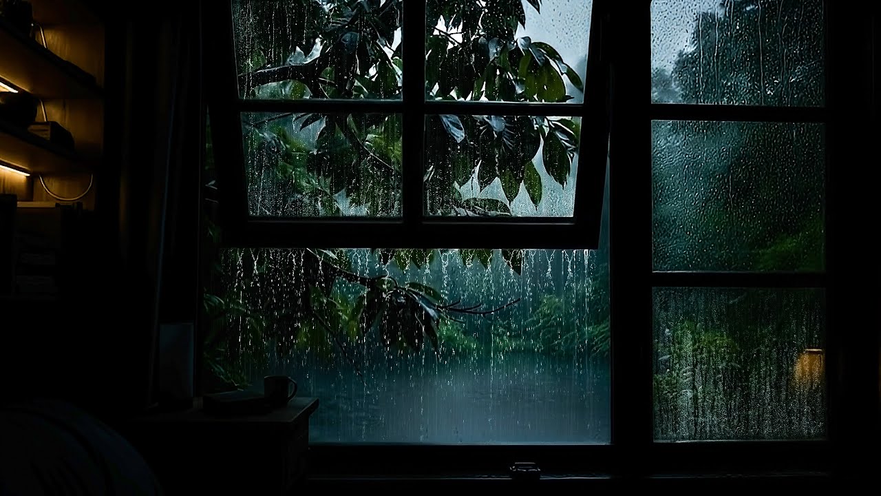 Heavy Rain on the Window with Soft Thunder for Stress Relief and Deep Sleep