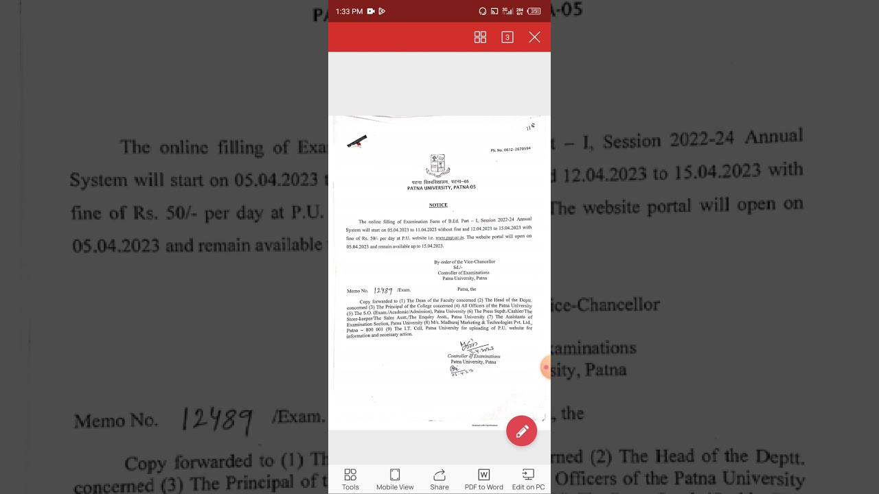 Patna University B.ed Part 1 Exam Form 