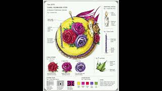 A celebration transformed into study: a vividly colored cake reimagined as a botanical specimen,
