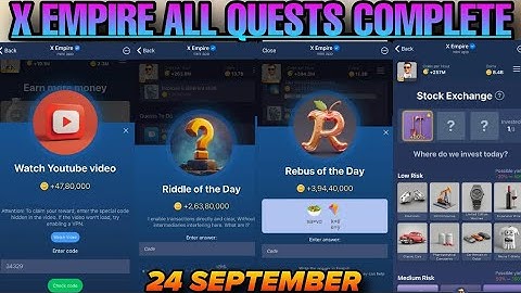 24 | Youtube Video Code |September All Quests Code X Empire Rebus Of The Day | Investment Fund Card