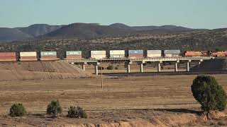 EBD BNSF Stacktrain with 2 Warbonnets crosses Truxton, AZ flyover
