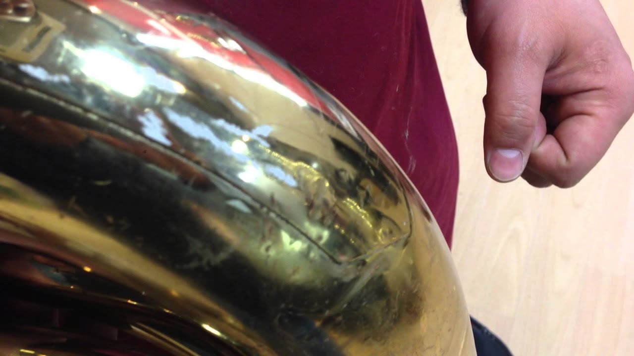 凹出し完了 〜チューバ〜 Brass instrument dent removal techniques2 YouTube