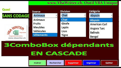 VBA 3 ComboBox en Cascades Dépendants, dans Formulaire, Quasi SANS Codage_47. www.VbaWriter.ch