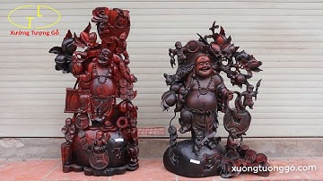 Tượng gỗ Di lặc ngũ phúc vác cành đào gỗ trắc đỏ đen cực nét | Tượng gỗ di lặc tuyệt đẹp
