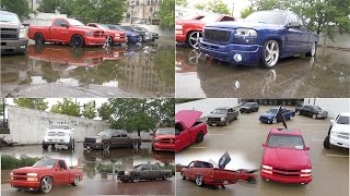 Brothers trucking cruise together thru elgin illinois! Lowered and lifted trucks on billets