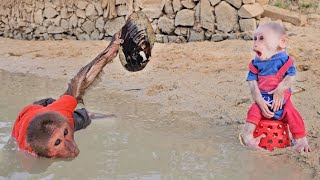 Super Cute!  KuKu Takes Su ran away from mom to catch mussels in mud