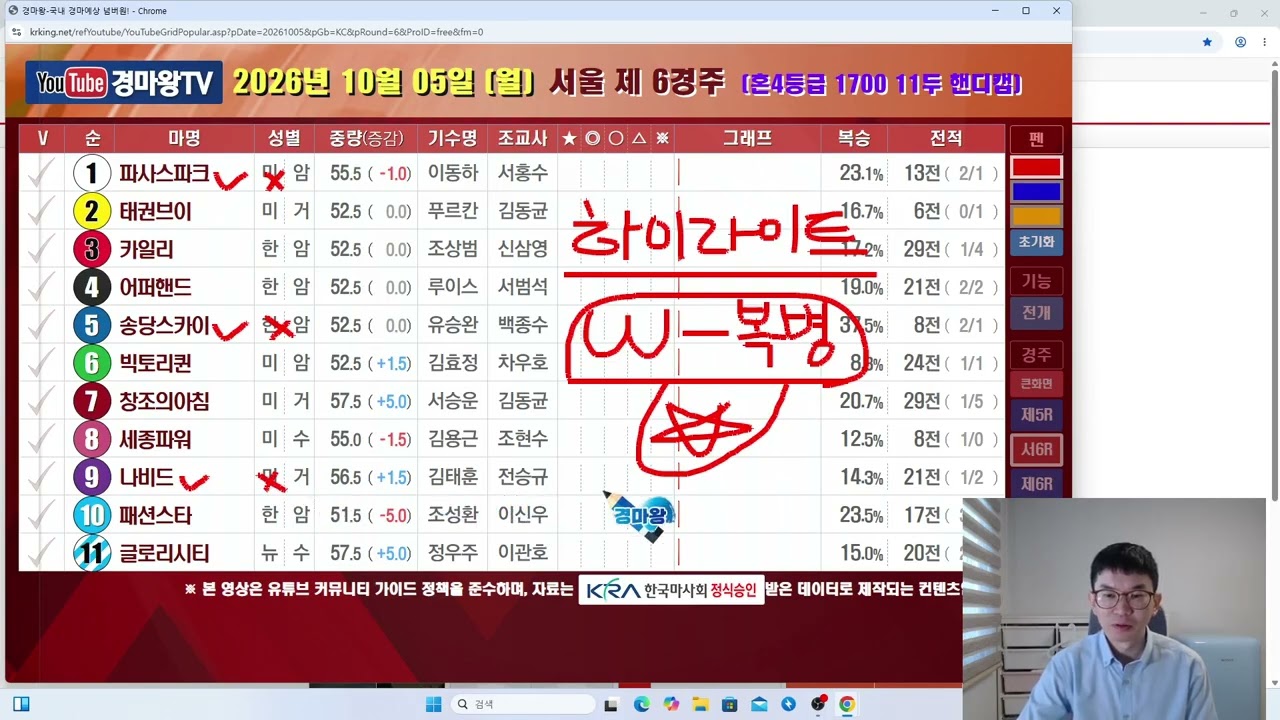 10월 5일 월요일 분석 방송 (대체공휴일/경마진행/이기러갑니다/출동하시죠/신나는월요일입니다)