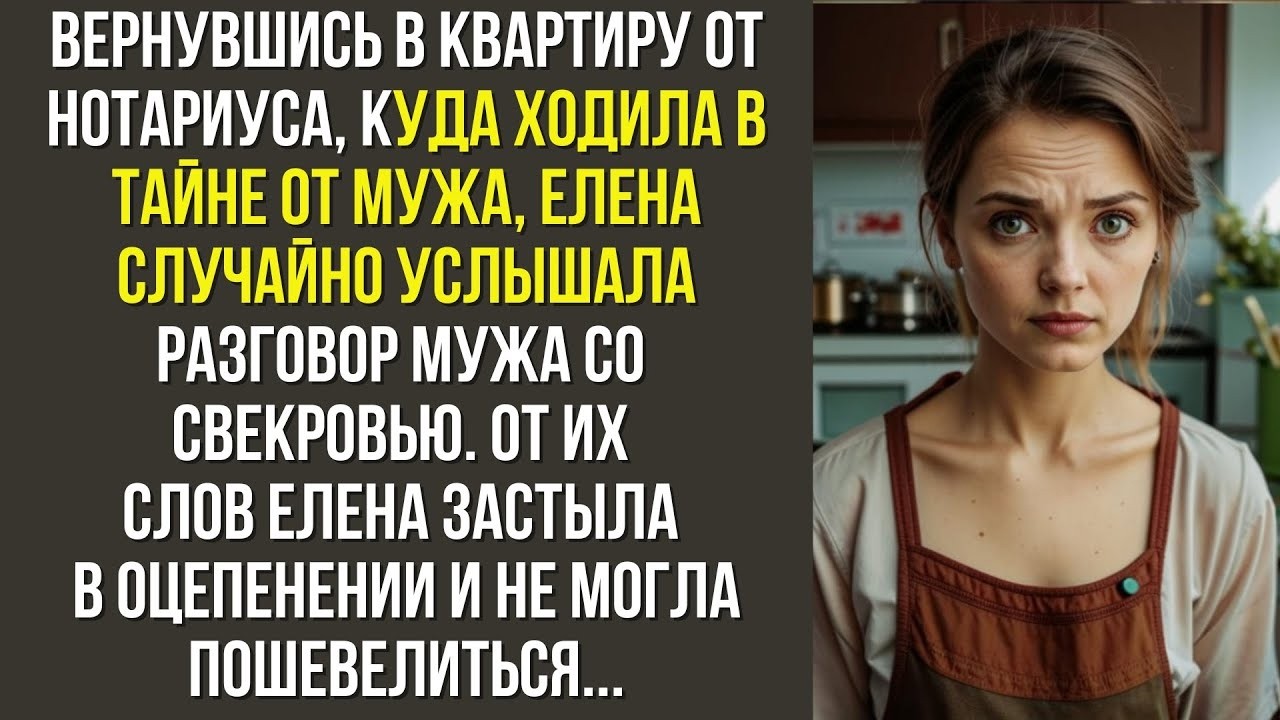 Вернувшись в квартиру от нотариуса,  куда ходила в тайне от мужа, Елена случайно услышала разговор