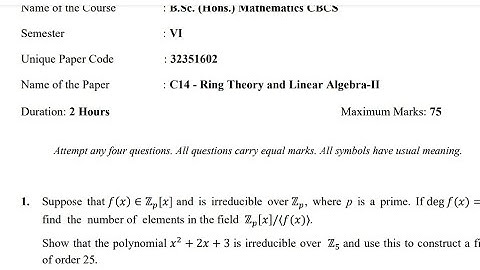 Ring theory and linear algebra(finals)question paper/Delhi University/2020/