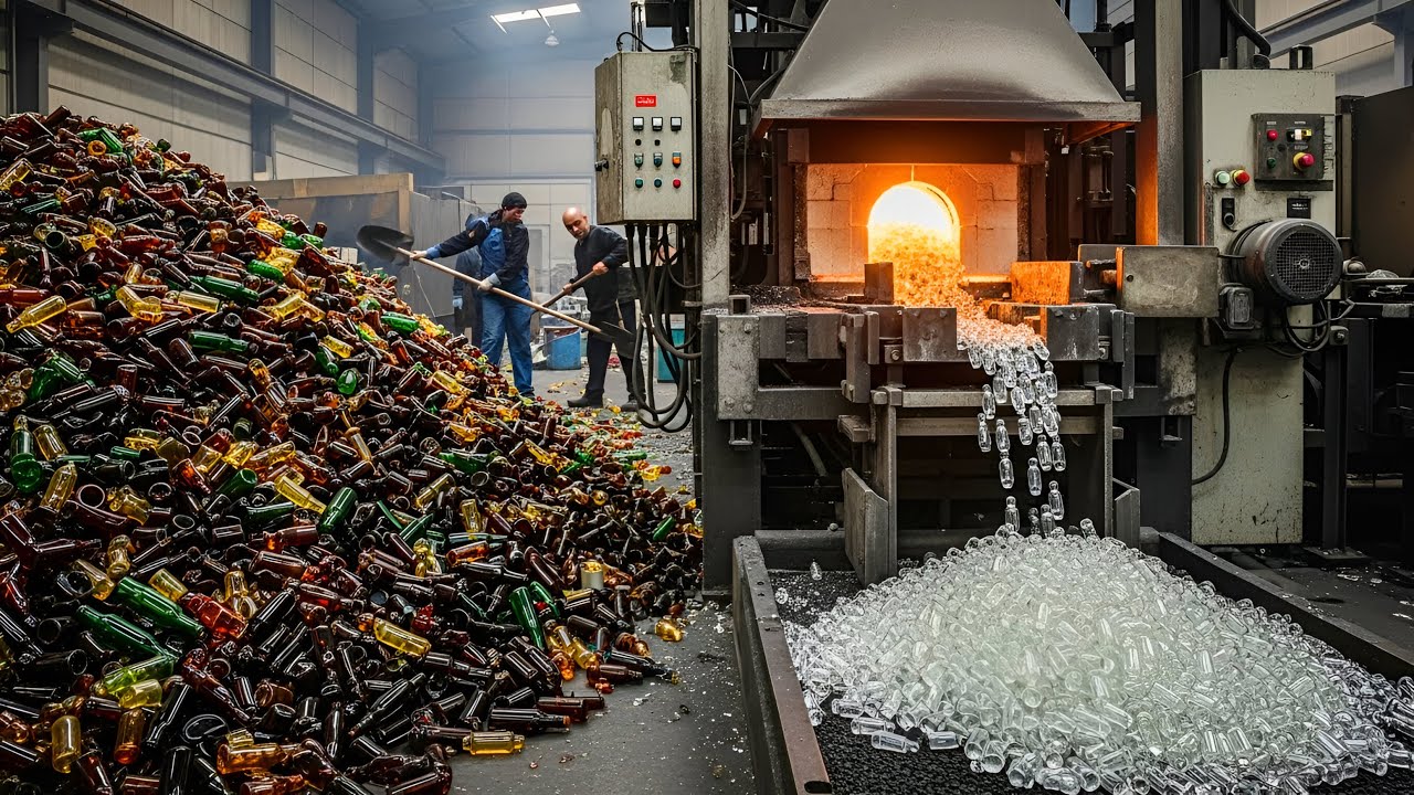 Process of Recycling Used Glass Bottles Into New Glass Materials | Glass Recycling Factory