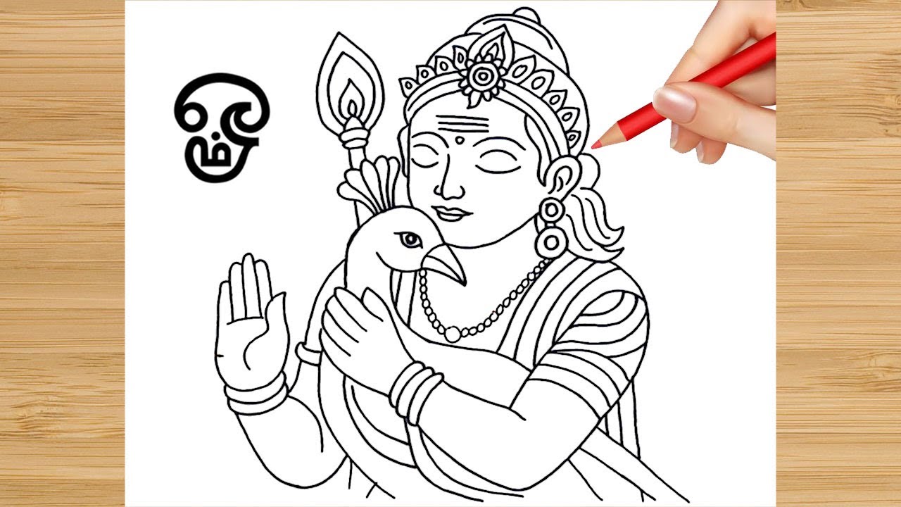 Lord muruga drawing with peacock and vel easy - thaipusam murugan drawing easy and simple to draw