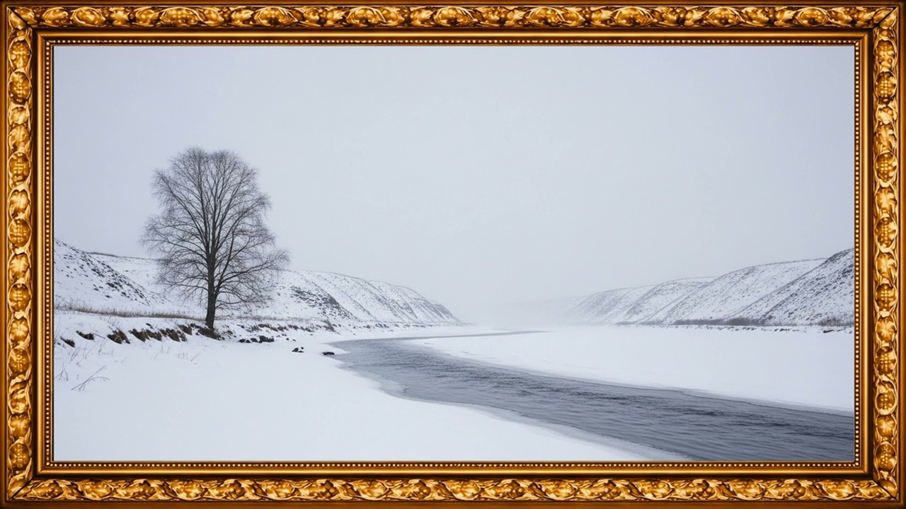 Frozen River & Lone Tree – Minimalist Winter Oil Painting Scene