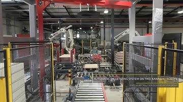 Automatic palletizing system on two Kawasaki robots - 4 functions for 3 lines!