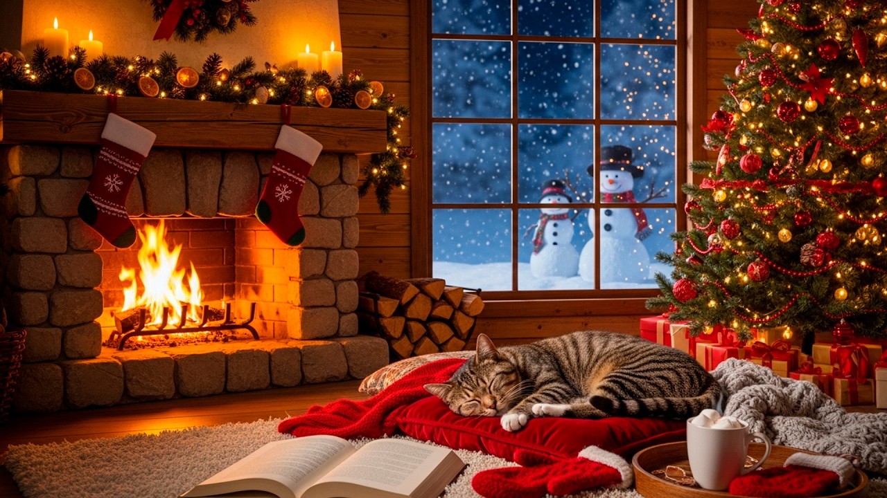 Warm Christmas Cabin Nights 🎄 Cozy Jazz, Snowfall & Fireplace for Relaxation & Focus