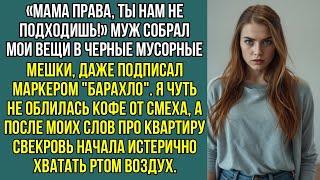 видео: «Мама права, ты нам не подходишь!» Муж собрал мои вещи в мусорные мешки. Но это была моя квартира. картинка: «Мама права, ты нам не подходишь!» Муж собрал мои вещи в мусорные мешки. Но это была моя квартира.
