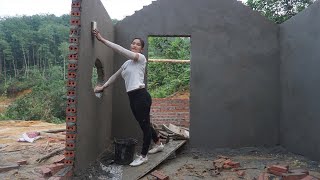 lonely 20 year old girl: Building bricks house - Apply the cement coat to the wall - Build new house