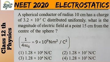 A spherical conductor of radius 10 cm has a charge of 3.2 × 10 - 7 C distributed uniformly.  What is