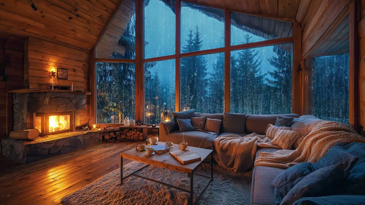 Relax in a Cozy Cabin with Heavy Rain and Soothing Fireplace Atmosphere | Natural Sounds for Sleep