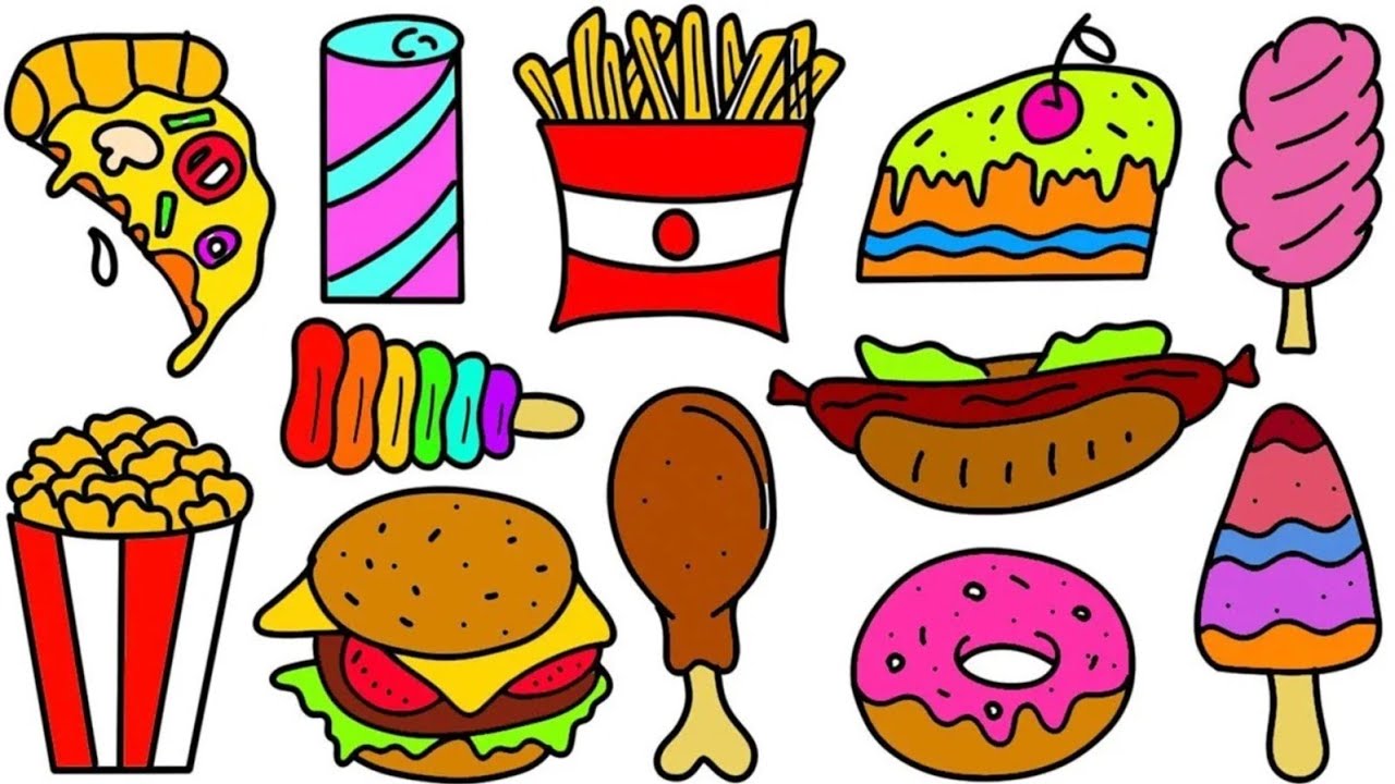 How to draw junk food | candy,cake,lollipop,ice cream,donuts |Easy junk ...