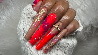 ORANGE INSPO 3D FLOWER AND FRENCH ACRYLIC NAILS/ENCAPSULATION/CHARMS/BLING/GLITTER/NOTPOLISH