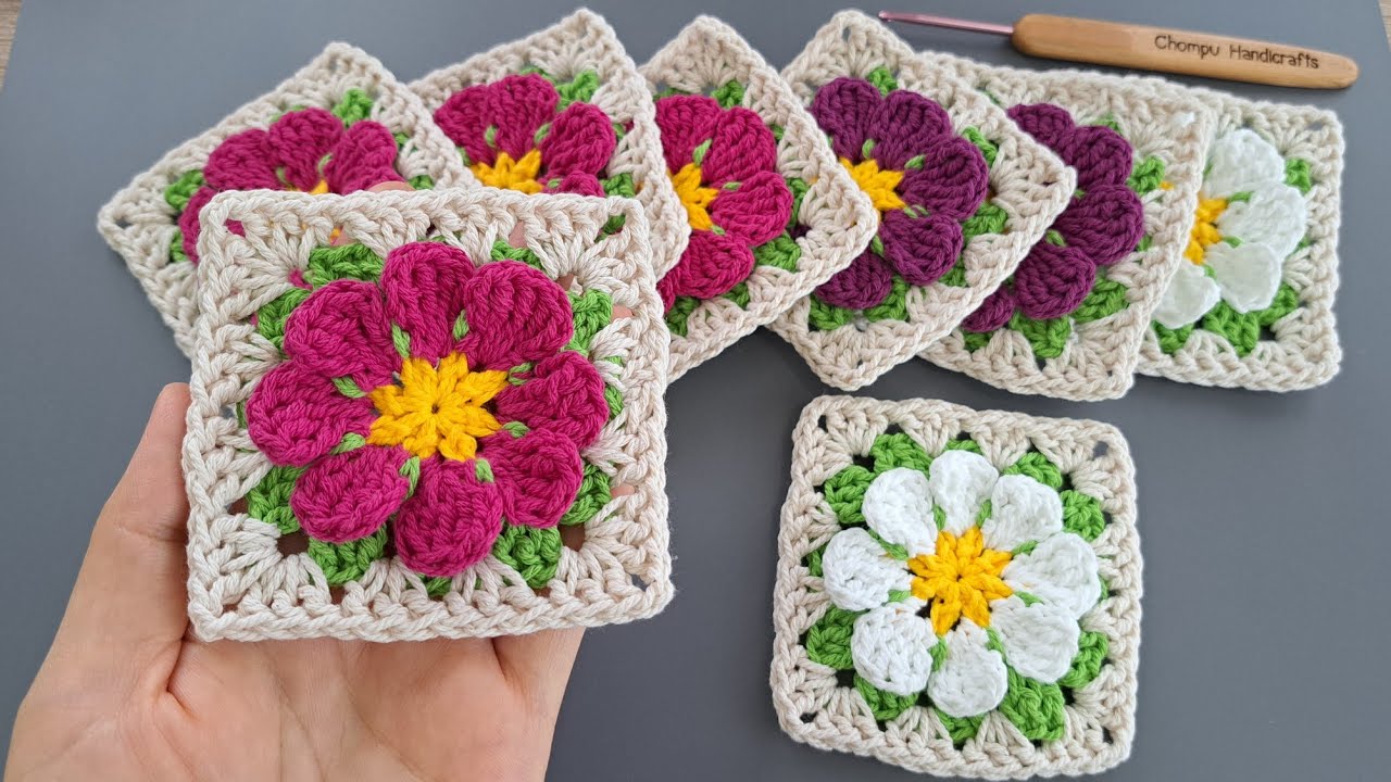 How to Crochet Flower Granny Square | Chompu Handicrafts