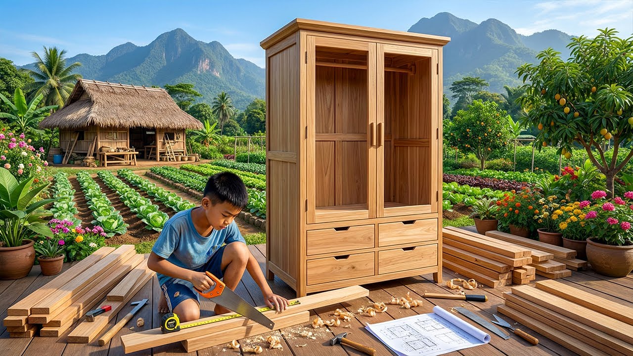 Country Life: Orphan Boy Building a Wooden Wardrobe From Scratch Using Simple Tools