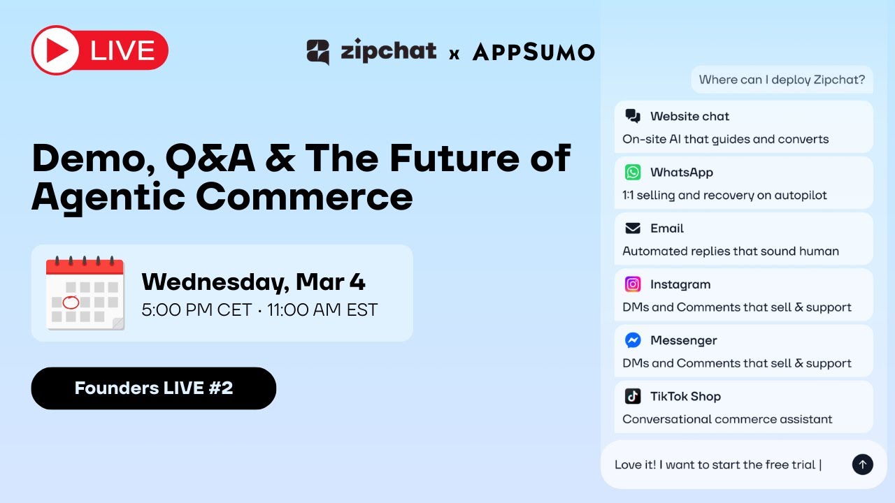 Zipchat AI x AppSumo LIVE #2 - Demo, Q&A & The Future of Agentic Commerce