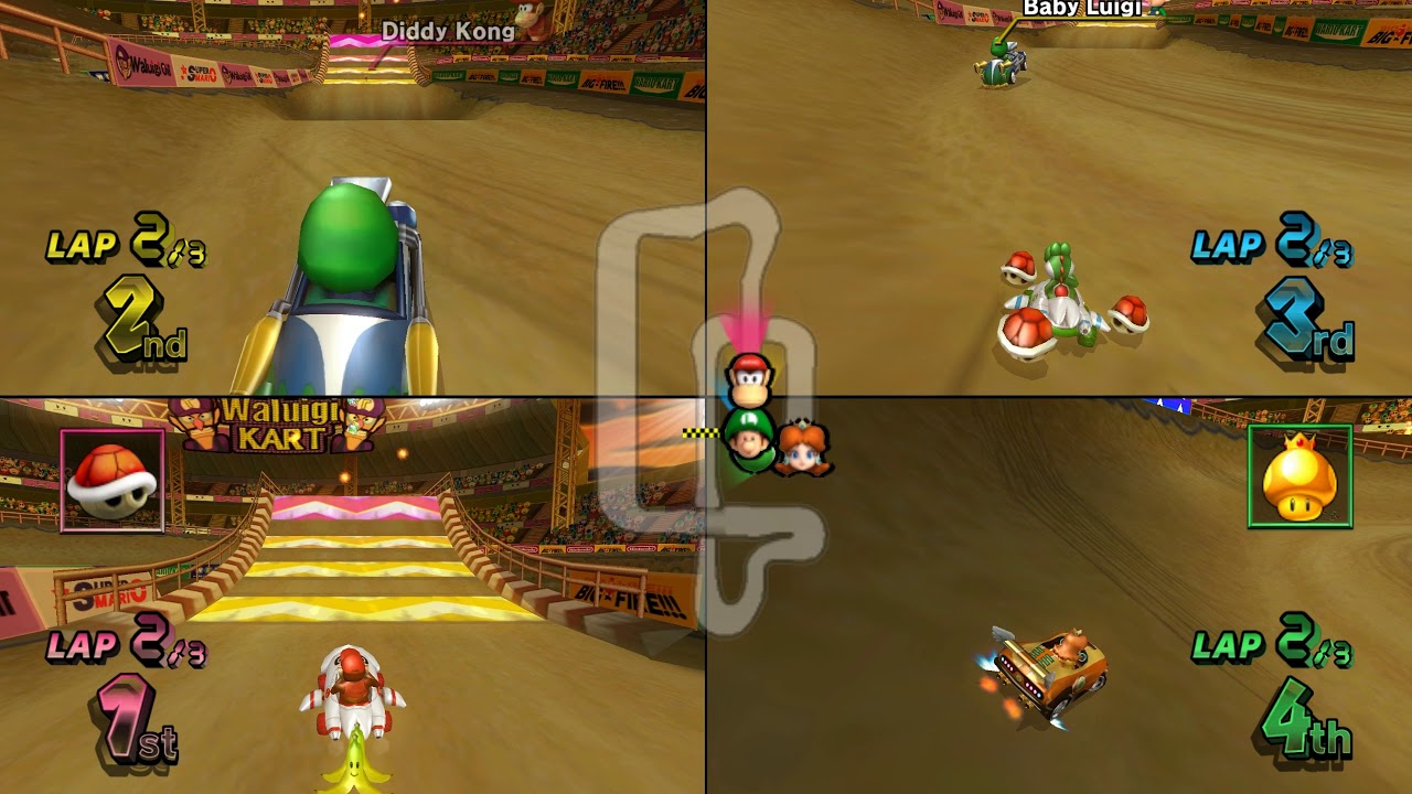 Mario Kart Wii GCN Waluigi Stadium 4 player Netplay race 60fps