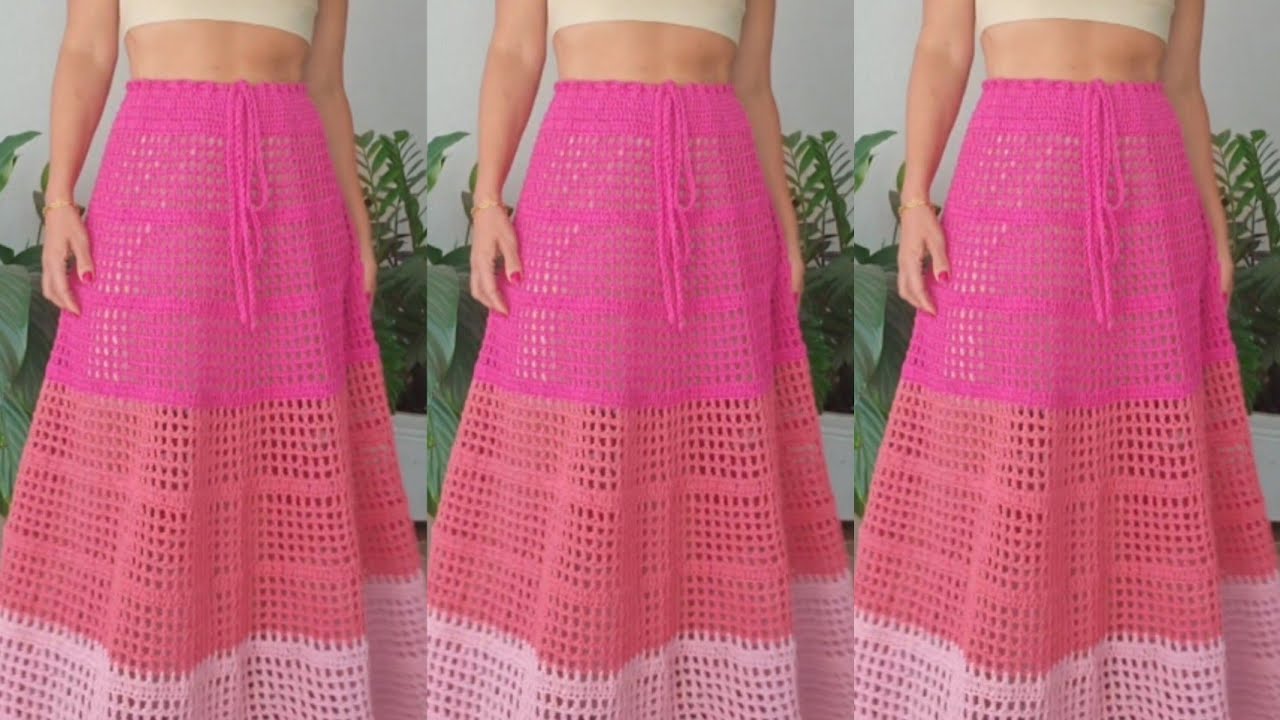 Como fazer saia  evasê de crochê, em degradê