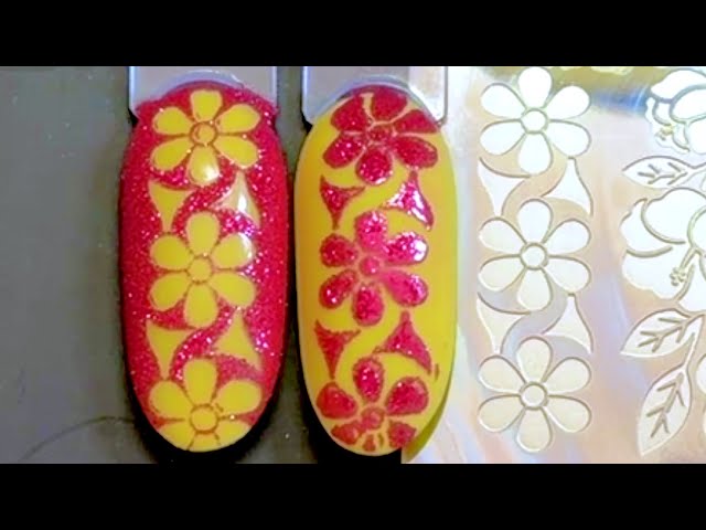 Sparkle Flowers Stamping Nail Art with Dry Coloring Loose Glitter over Semi-Gel Stamping Polishes