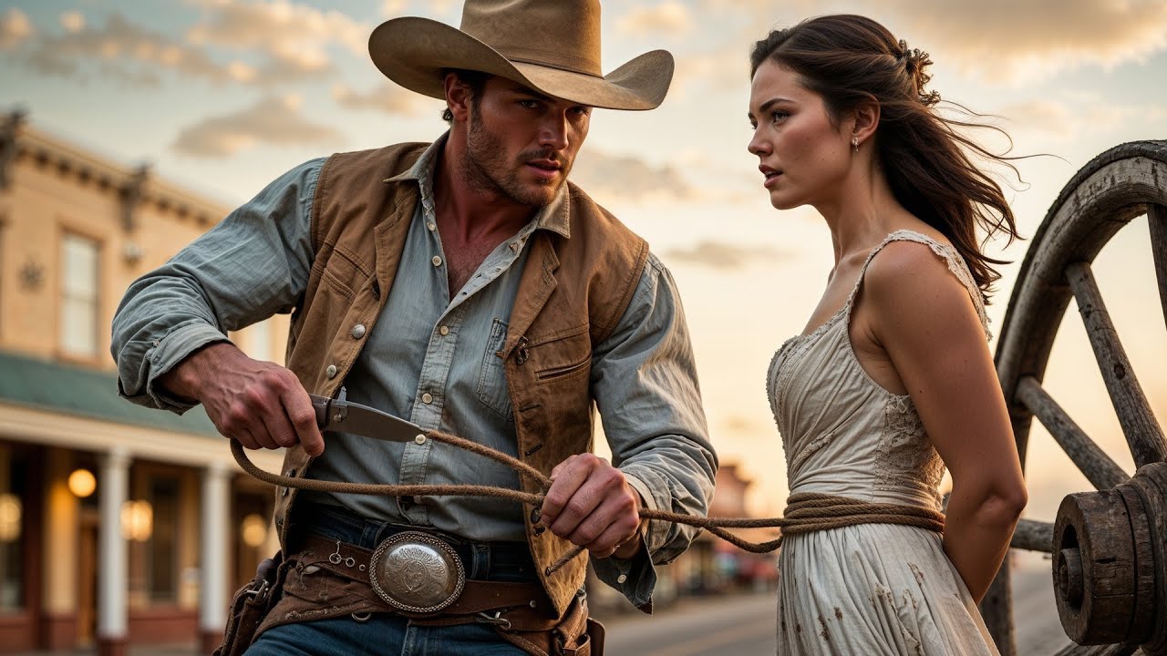 Невесту привязали к колесу повозки, но ковбой освободил ее прежде, чем упал кнут