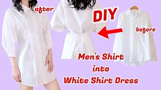 Refashion DIY Men's Shirt into White Fitted Waist Shirt Dress / Thrifted Transformationsㅣmadebyaya