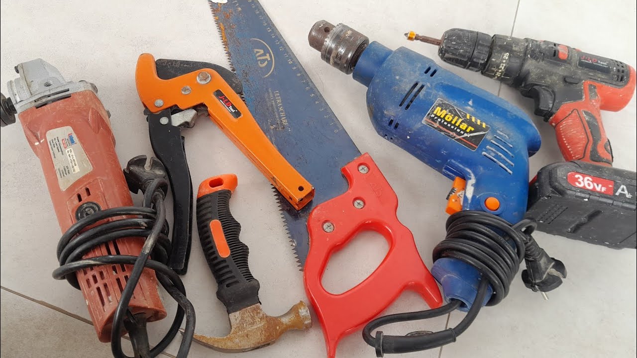 Collection of Building Tools, Drill, Grinder, Pliers, Wrench, Screwdriver, Hammer, Saw