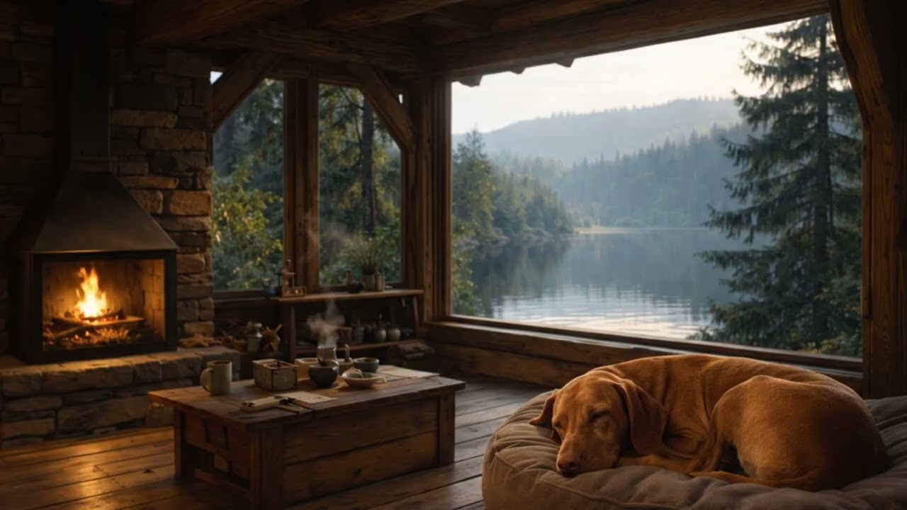 Cozy Cabin Fireplace Ambience 🔥☕ Calm Lake, Sleeping Vizsla | 6 Hours | ADHD Focus & Sleep