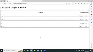 Table width and height property in CSS