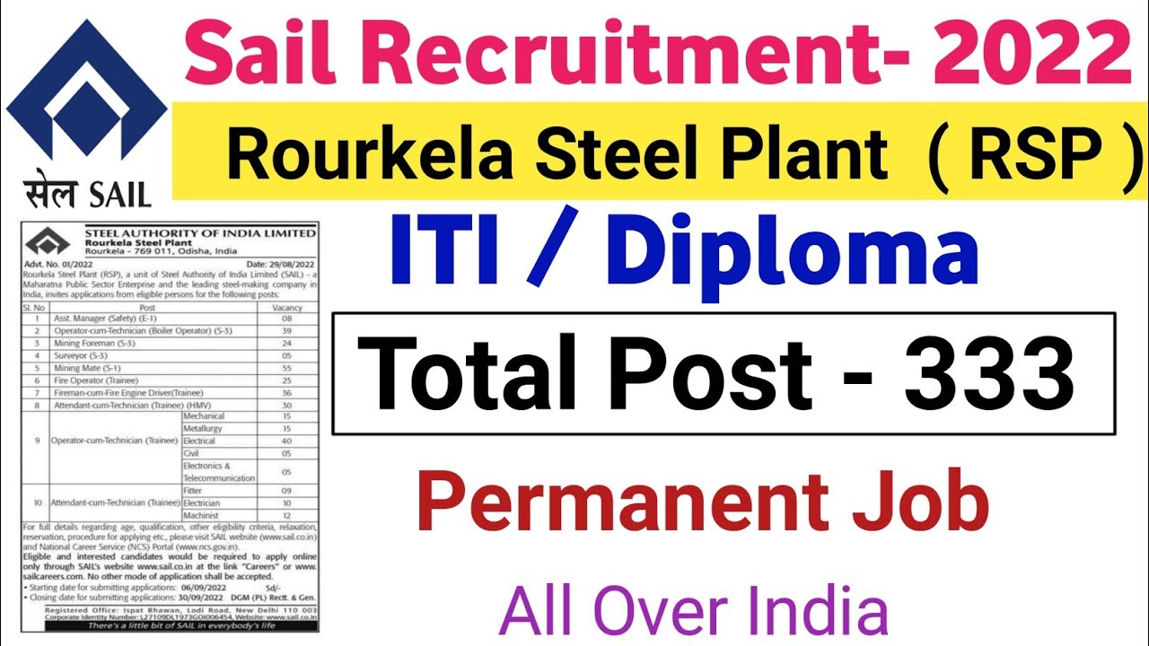 Sail Rourkela  Recruitment 2022 | Sail Rourkela Steel Plant Vacancy 2022 | Post 333 | iti diploma
