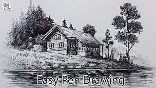 How to draw a River side House with Easy Pen Drawing |  Art with Pen