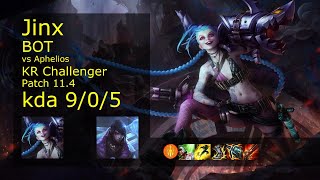 Jinx ADC vs Aphelios - KR Challenger 9/0/5 Patch 11.4 Gameplay // [롤] 징크스 vs 아펠리오스