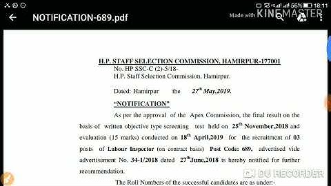 HPSSC Labour Inspector ( Post Code - 689 ) Final Result Declared Today | Held on - 25 Nov 2018 |